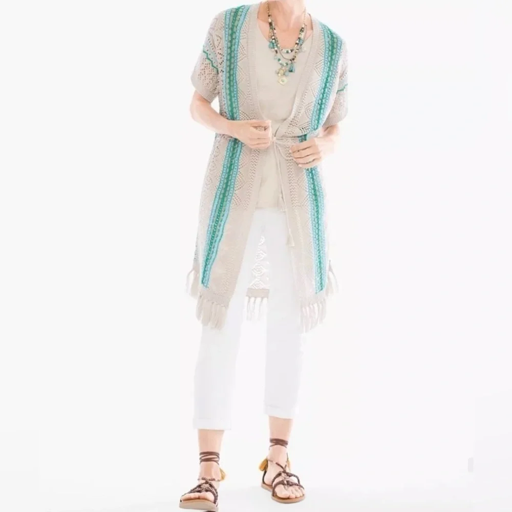 Chico's 100% Linen Open Crochet Knit Cardigan Beige Teal Fringe Hem Boho Sz 1(M)